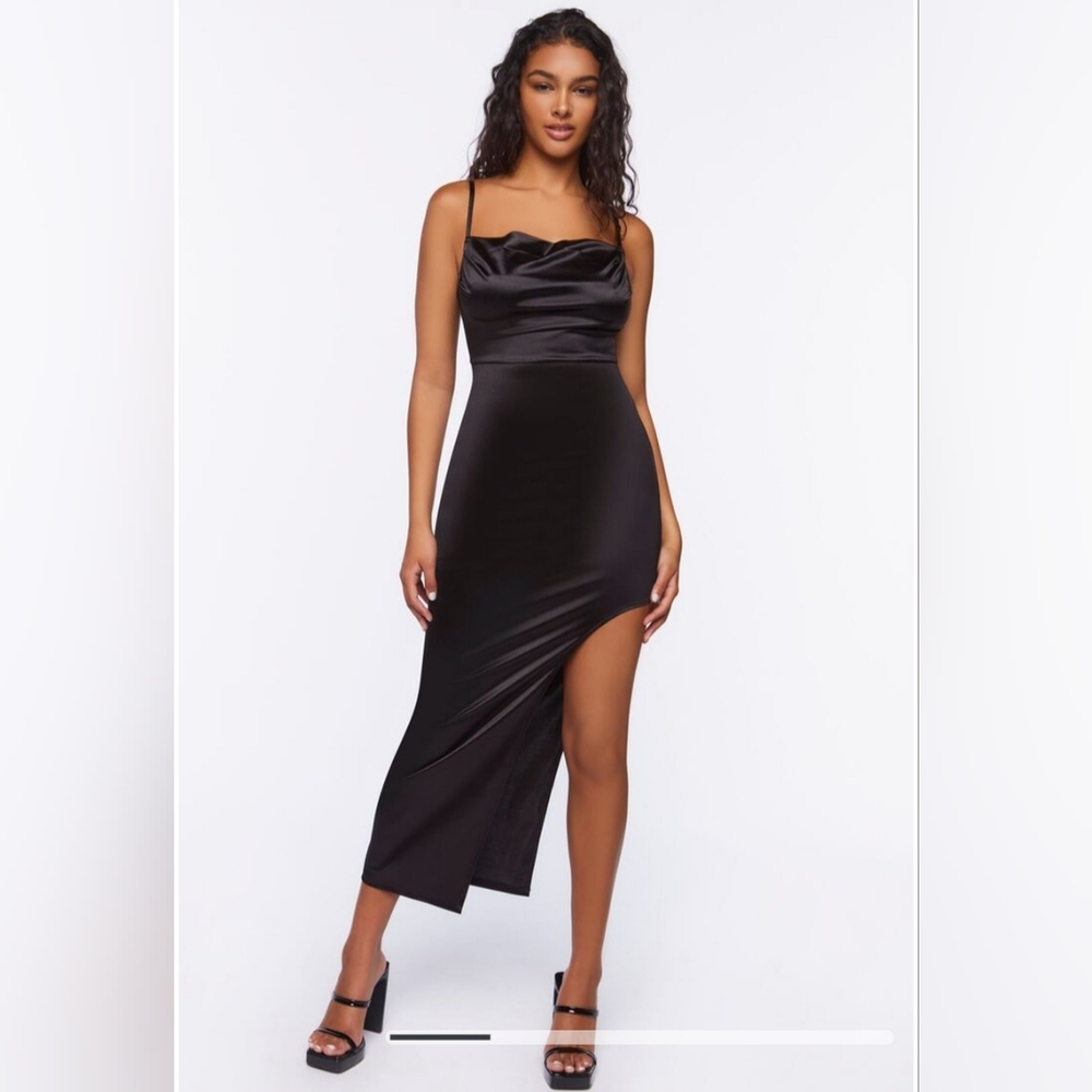 Satin Asymmetrical Maxi Dress with pink sequins